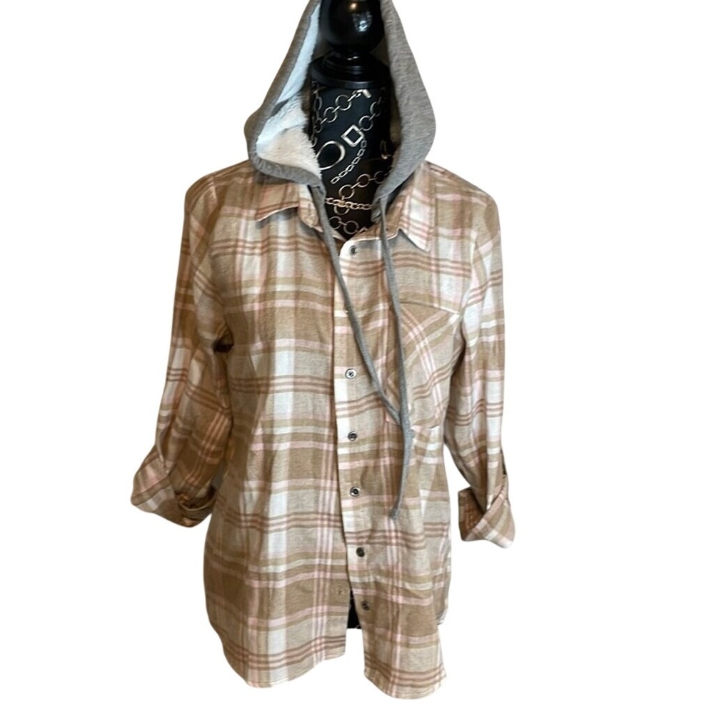 No Comment Plaid Hooded Flannel Shirt Tan Pink Sherpa Lined Hood Womens Large‎